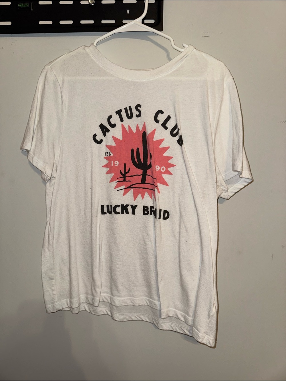 Lucky Brand White Graphic Tee with Pink and Blue Accents